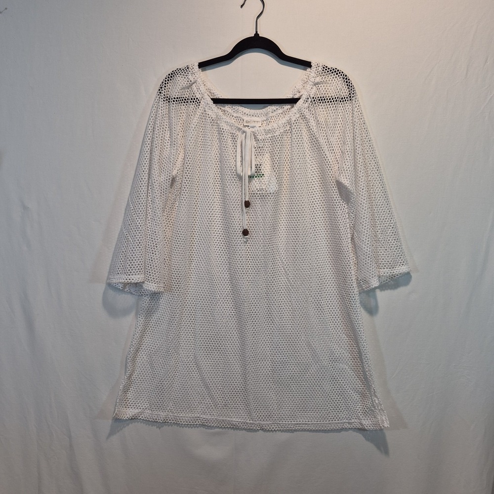 NWT Dotti Lrg Women White Fishnet Beach Cover-Up Crochet Coastal Chic Retro 70s